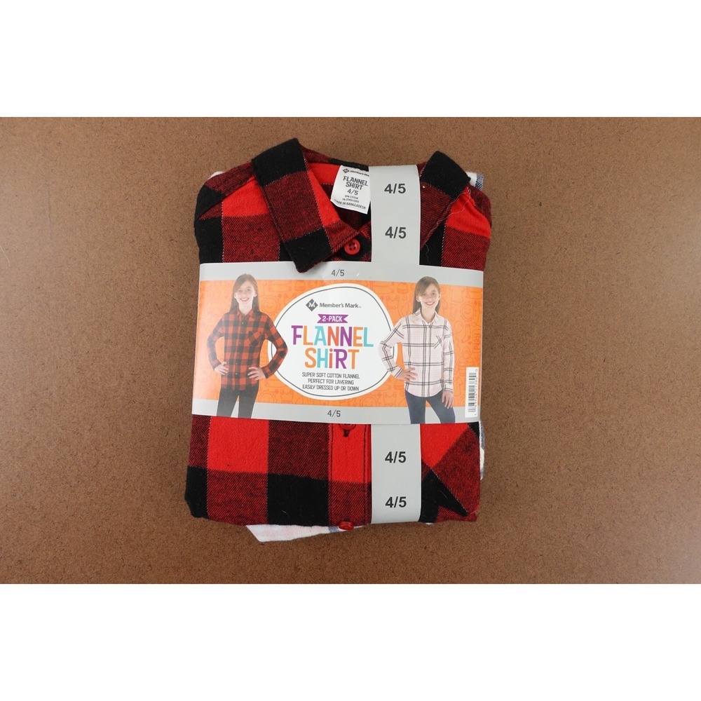 Members Mark Girls Size 4/5 Colorful Plaid Flannel 2 Pack Long Sleeve Shirts NWT